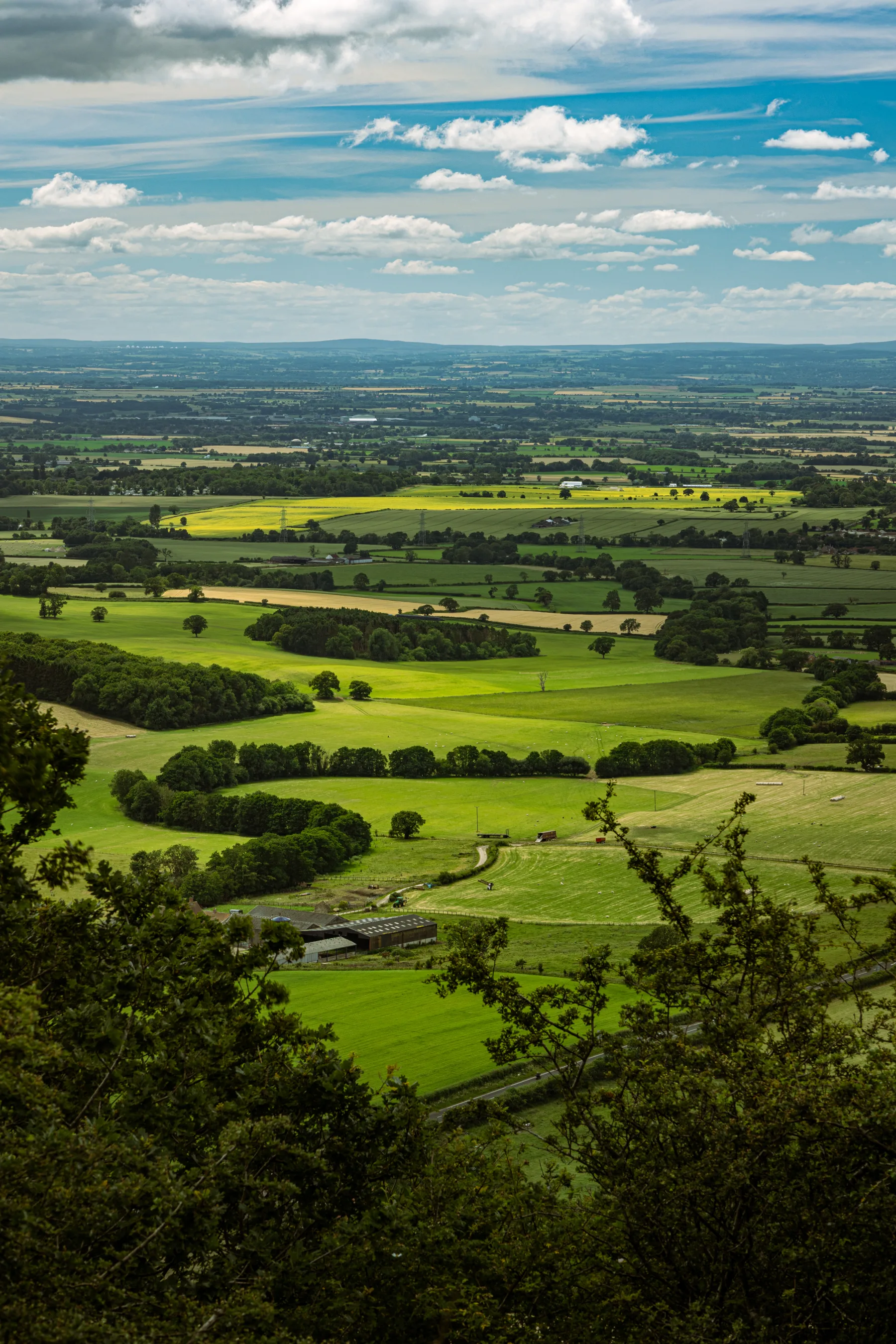 Panoramic view of patchwork green fields and hedgerows under a cloudy blue sky.