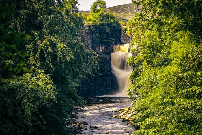 Waterfall cascading into a rocky river, framed by dense green trees with hills in the background.